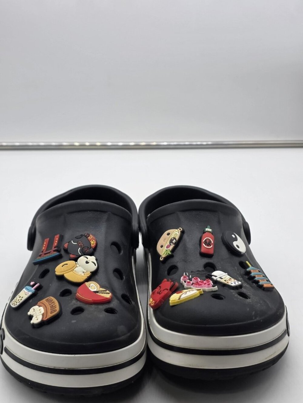 Crocs Clog Shoes Mens Size 9 Black Jibbitz Slip On Sandals Stains Comfort Casual - Picture 2 of 12